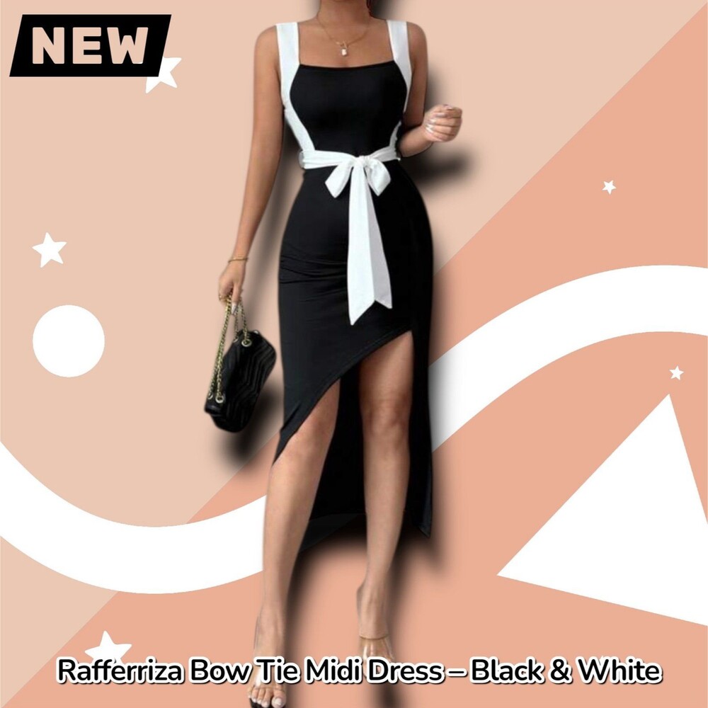 New Rafferriza Asymmetric Bow Tie Midi Dress - Small – Black & White - Picture 4 of 4
